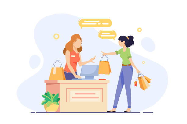 Young woman engaged in shopping and checkout her purchases. Young woman engaged in shopping and checkout her purchases. Concept girl seller, vendor, cashier with shopping bags at workplace. Vector illustration. market vendor stock illustrations