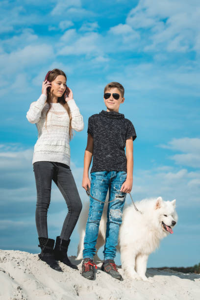 éxigences heureux de garçon âgé de 11 ans race de chiens samoyède au bord de la mer avec un ciel bleu se bouchent. meilleurs amis reste et de s’amuser en vacances, de jouer dans le sable - pets water lake sky photos et images de collection