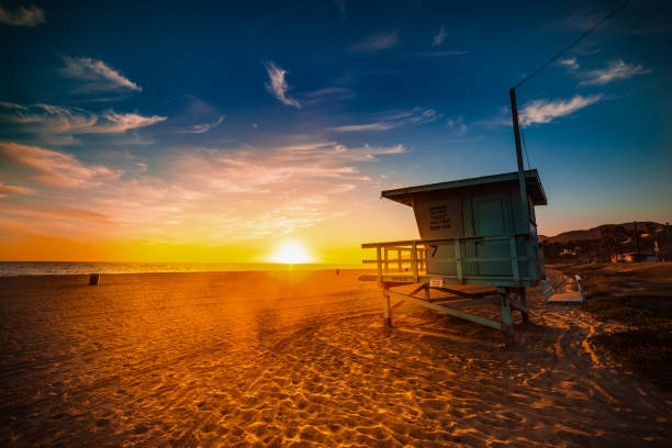 istock Lifeguard hut in Malibu beach at sunset 1073208840