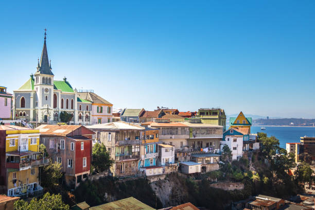 Valparaiso Skyline with Lutheran Church - Valparaiso, Chile Valparaiso Skyline with Lutheran Church - Valparaiso, Chile valparaiso chile stock pictures, royalty-free photos & images