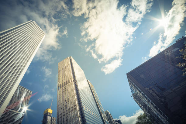 istock Low wide angle view skyscraper and building under construction in downtown Chicago 1073216466
