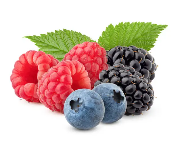 Photo of wild berries mix, raspberry, blueberries, blackberries isolated on white background, clipping path, full depth of field