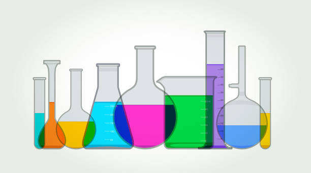 Chemistry or Laboratory Flasks and Beakers Colourful silhouettes of Chemistry Lab Flasks, test-tubes and Beakers flask funnel stock illustrations