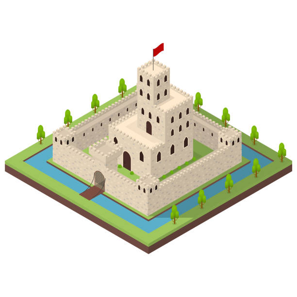 средневековое королевство концепция 3d изометрический вид. вектор - fort fortified wall castle stone stock illustrations
