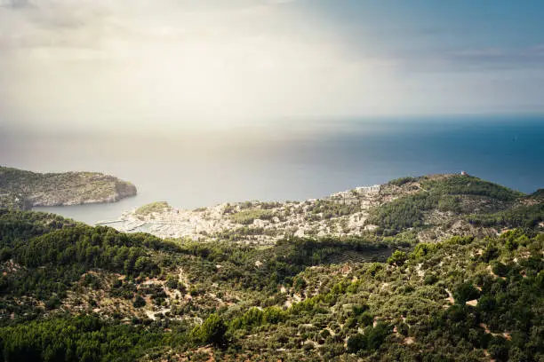 View from the Tramuntana mountains to the port of Port de Sóller in Mallorca