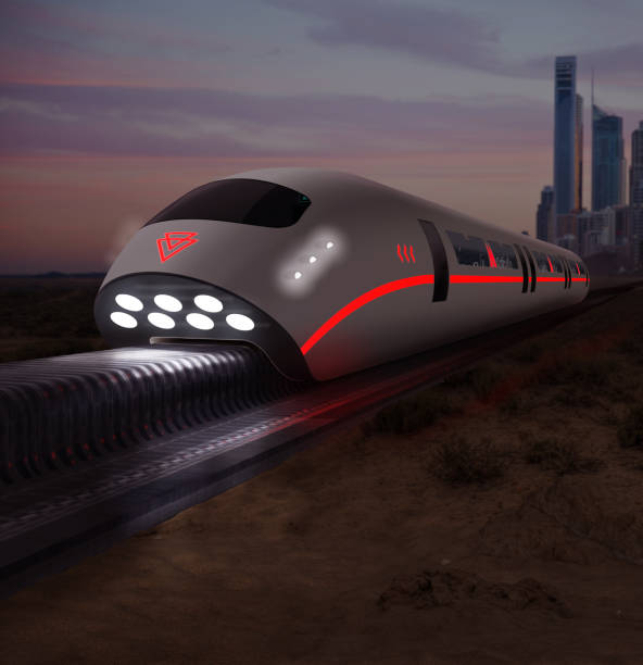 Futuristic High Speed Monorail Train Magnetic Levitation Concept of a futuristic high speed monorail train with magnetic levitation connecting a city, 3d render maglev train stock pictures, royalty-free photos & images