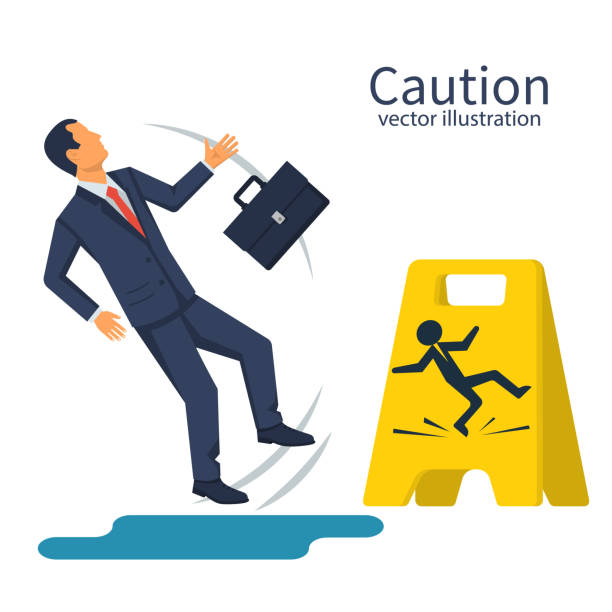 ilustrações, clipart, desenhos animados e ícones de empresário com uma mala caiu sobre um chão molhado - falling accident danger slippery