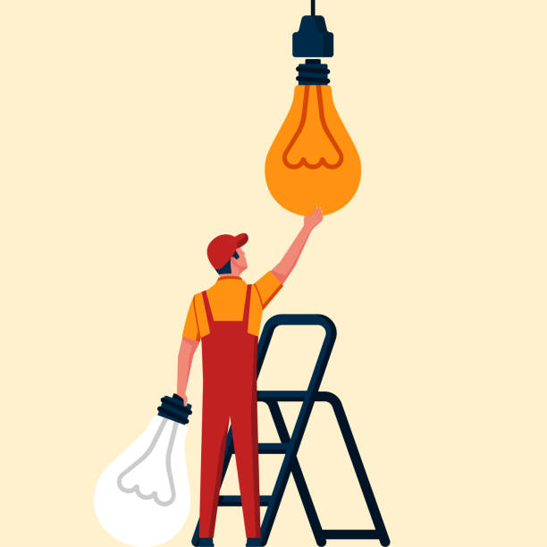 illustrazioni stock, clip art, cartoni animati e icone di tendenza di cambia lampada. sostituzione della lampadina - led lighting equipment light bulb installing
