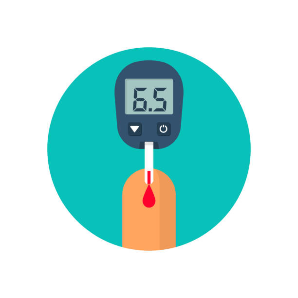 Blood test with finger Blood test with finger. Glucometer icon isolated. Testing glucose. Blood sugar readings. Medical measurement apparat. Healthcare monitoring. Diagnostic equipment. Vector illustration flat design. diabetes stock illustrations