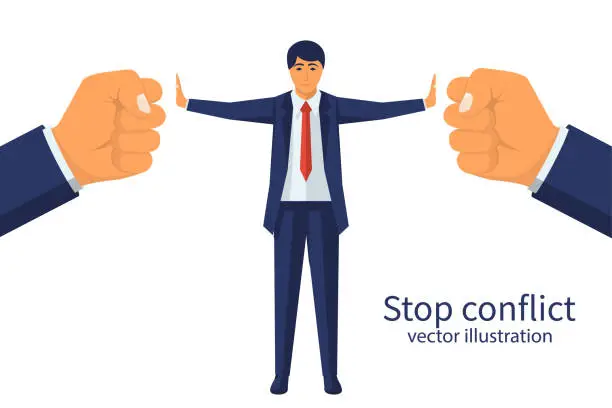 Vector illustration of Stop conflict. Businessman referee finds compromise