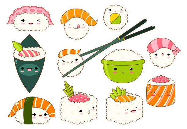 Set of cute sushi and rolls icons in kawaii style Set of cute sushi and rolls icons in kawaii style with smiling face and pink cheeks. Japanese traditional cuisine dishes. Temaki, chopsticks, nigiri, tamago, uramaki, futomaki. EPS8 kawaii stock illustrations