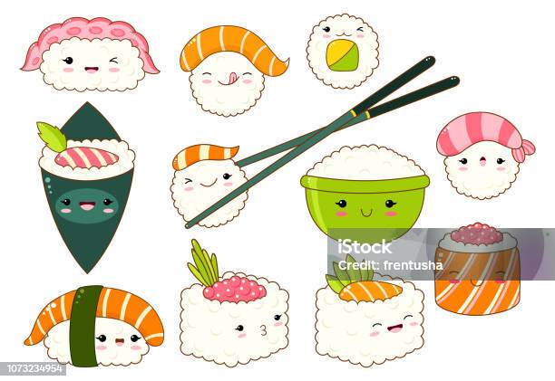 Set Of Cute Sushi And Rolls Icons In Kawaii Style Stock Illustration - Download Image Now - Sushi, Kawaii, Cute