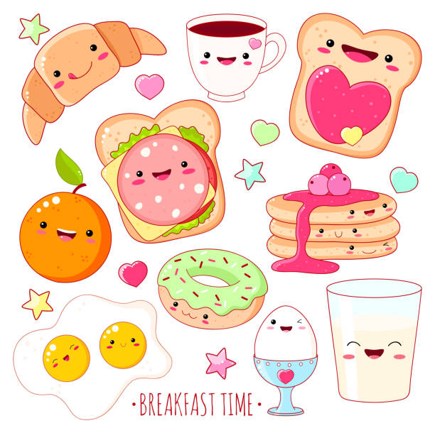 ilustrações de stock, clip art, desenhos animados e ícones de set of cute breakfast food  icons in kawaii style - toast coffee