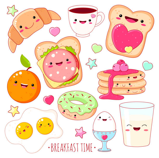 Set of cute breakfast food  icons in kawaii style Breakfast time. Set of cute food icons in kawaii style with smiling face and pink cheeks for sweet design. EPS8 kawaii stock illustrations