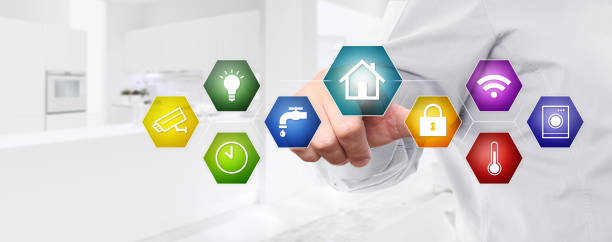 istock smart home automation control hand touch screen with colored symbols on white kitchen background web banner and copy space template 1073236938