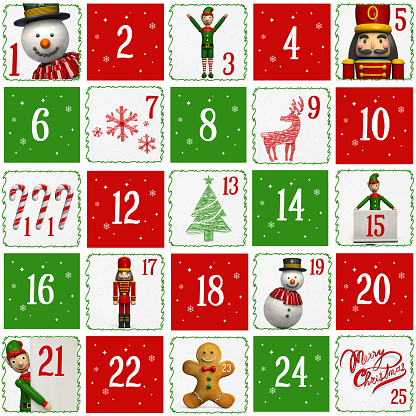 Advent Calendar with the Festive Season’s Christmas Characters in Red, White, and Green