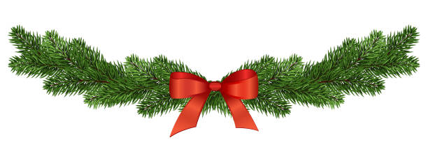 소나무 가지 흰색 배경에 고립의 갈 랜드 장식 - wreath christmas red bow stock illustrations