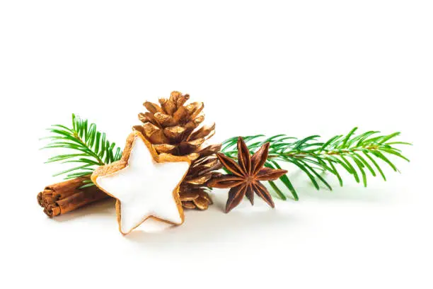 Cinnamon star shaped cookies with frosting,anis and fir coneisolated on white background.