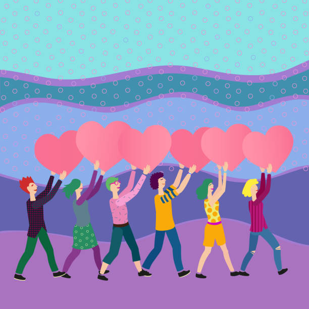 young people brings hearts conceptual minimalistic vector illustration young people procession bringing huge hearts - conceptual vector illustration for charity and donation theme walking for a cause stock illustrations
