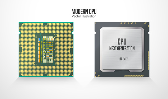 A modern computer processor. Front and back side. Realistic vector illustration isolated on white background.