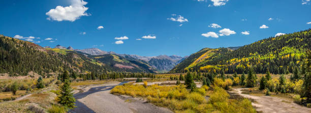 Upper San Miguel River panorama View of the San Miguel River in late September below Mountain Village. Telluride, Colorado. sneffels range stock pictures, royalty-free photos & images