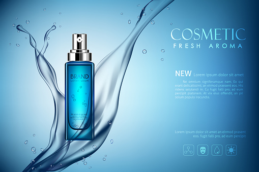 vector spray bottle fresh aroma cosmetic mockup on blue background, with your brand, ready for print ads or magazine design. Transparent and shine, realistic 3d style