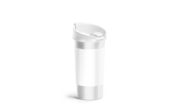 istock Blank silver travel mug with white sleeve and lid mockup 1073255004