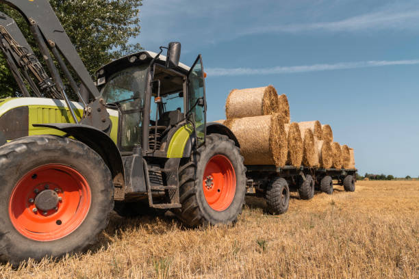 istock Tractor with hay bales on harvested field 1073255794