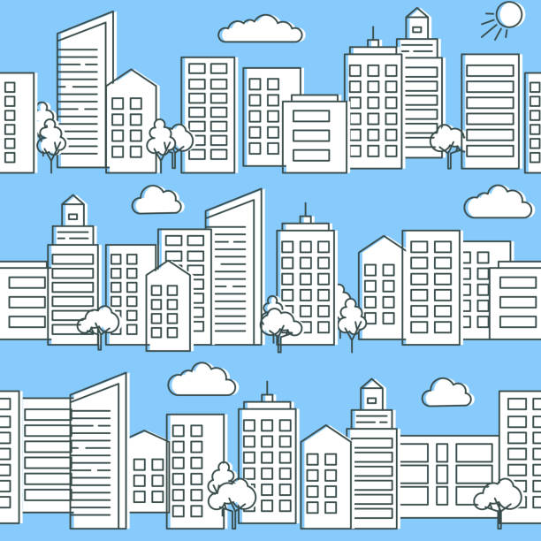 City street seamless pattern in flat style City street seamless pattern in flat style. Thin line urban background with modern buildings and skyscrapers. cityscape patterns stock illustrations