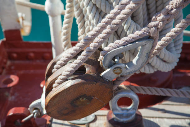 The bowsprit and some of the rigging of the skipjack Stanley Norman, at City Dock in Annapolis, MD. The Stanley Norman was built in 1902, and is one of the very few surviving Chesapeake Bay skipjacks, the last commercial sailing fleet in the United States.