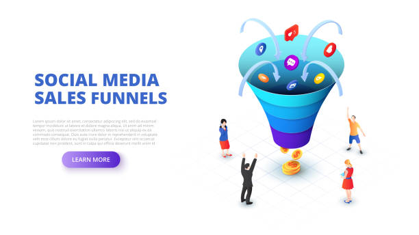 Social media sales funnel design concept with people. Isometric vector illustration. Landing page template for web. Social media sales funnel design concept with people. Isometric vector illustration. Landing page template for web. social media infographics stock illustrations