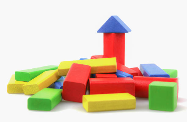 Colorful Wooden Building Blocks Toys Isolated On White Background