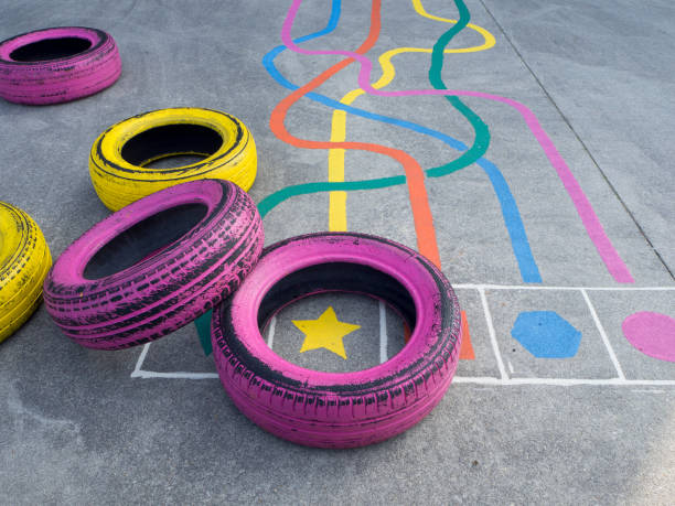 Colorful tires and games in a playground