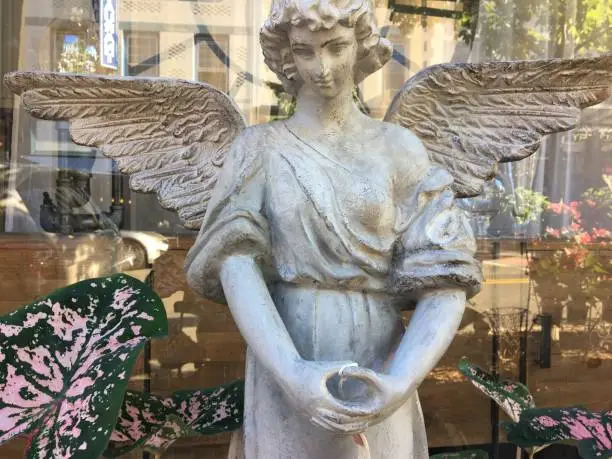 vintage stone angel with outspread wings against an antique store reflection