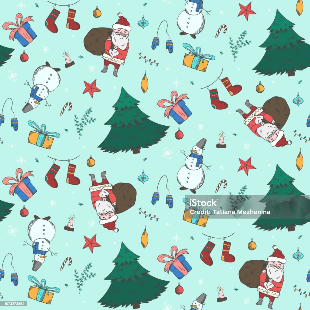 Light green Christmas pattern with doodle elements Light green seamless pattern with cute colorful Christmas doodle elements. Winter New Year texture with firs, snowmen, giftbox, Santa, stockings for textile, wrapping paper, wallpaper decor Backgrounds stock vector
