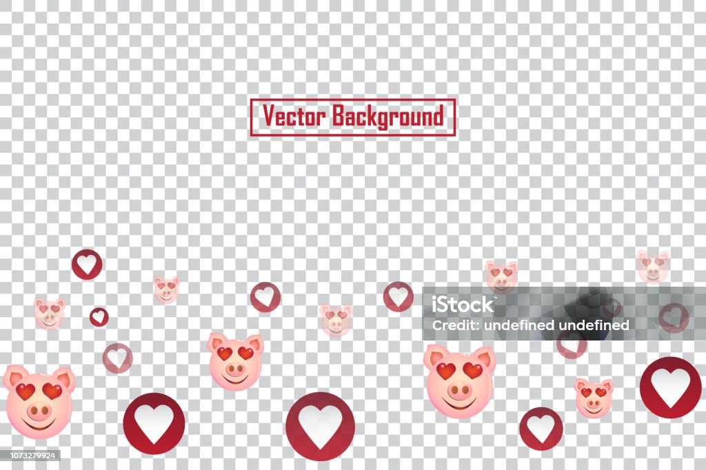 Social nets pig smile and red heart floating web buttons isolated on transparent background. Pig smile and heart icons for live stream video chat likes falling background vector design template Social nets pig smile and red heart floating web buttons isolated on transparent background. Pig smile and heart icons for live stream video chat likes falling background vector design template. ESP10 2019 stock vector