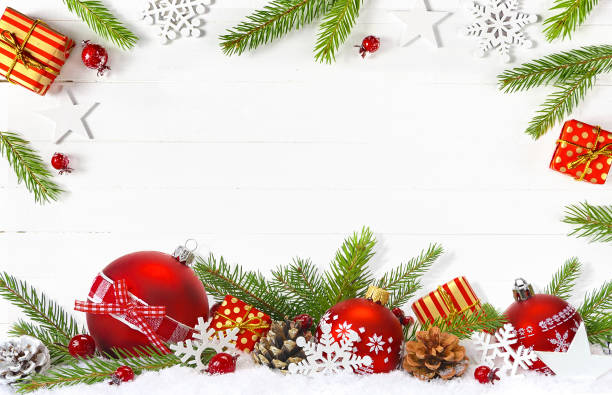 istock Festive Christmas composition on white wooden background 1073280346