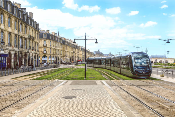 Bordeaux, France - 10 May, 2018 : Tram in the center of Bordeaux in France. The Bordeaux tramway network is notable for using a ground-level power supply of the Alimentation par Sol (APS) system.