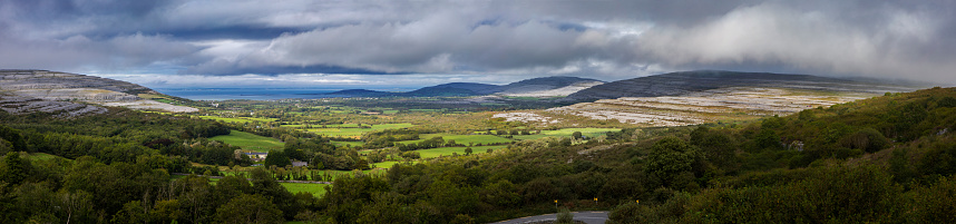 A panoramic view from Corkscrew Hill in County Clare, Republic of Ireland.