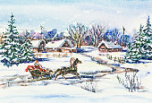 New Year winter village landscape with Santa