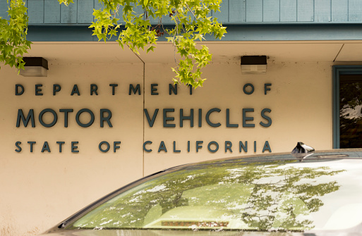 Los Gatos, California, USA - May 16, 2018: State of California Department of Motor Vehicles (DMV) sign in the town of Los Gatos, Northern California.