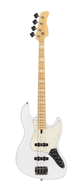 White Electric Bass Guitar Isolated on White Background