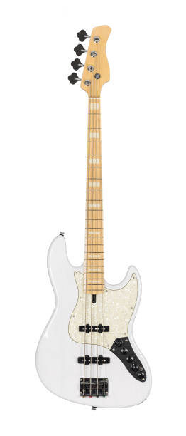 Electric Bass Guitar White Electric Bass Guitar Isolated on White Background bass instrument stock pictures, royalty-free photos & images