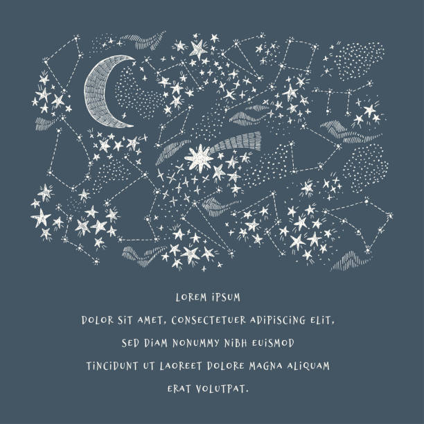 Stary sky and constellation Hand drawn vector background with stars, comet, constellation drawing in sketch doodle style in dark backdrop with place for text astrology chart stock illustrations