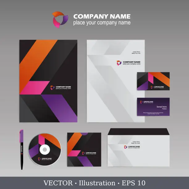 Vector illustration of Corporate identity template for business artworks. Editable corporate identity template - design including CD, letterhead blank, envelope and visiting card. Vector illustration