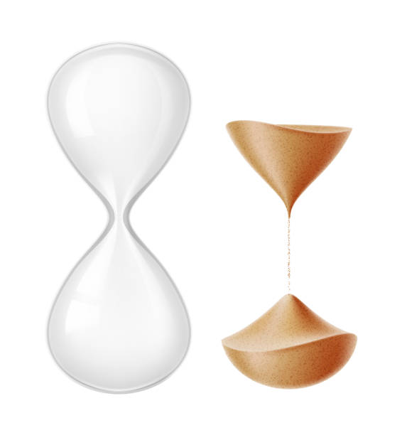 Vector realistic hourglass sandglass 3d mock up Realistic hourglass closeup. Vector sandglass on isolated background. Vintage clock, 3d classic interior object, symbol of time management. Detailed illustration hourglass stock illustrations