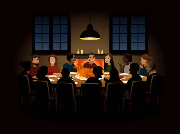 Vector illustration of Group of people having dinner