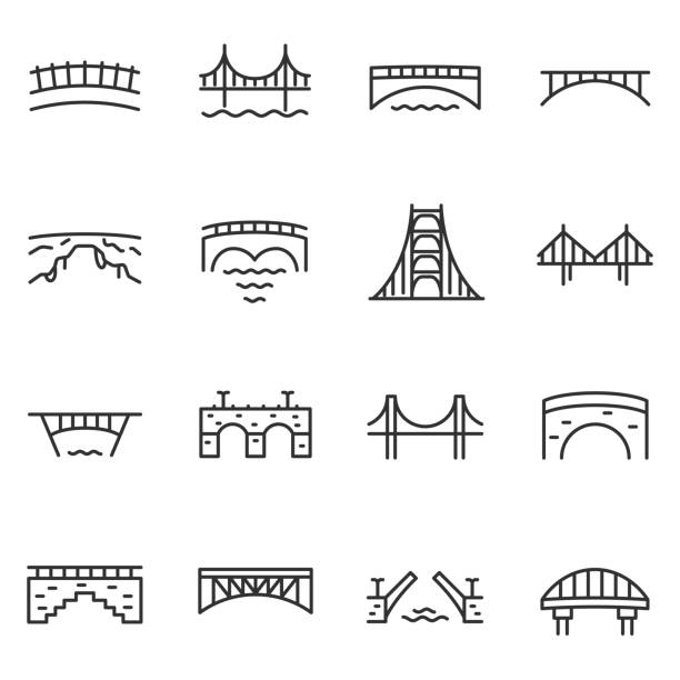 brücke, icon-set. verschiedene brücken, lineare symbole. linie mit editierbaren schlaganfall - hängebrücke stock-grafiken, -clipart, -cartoons und -symbole