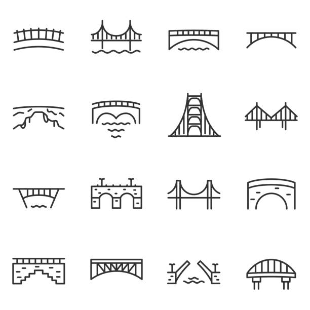 다리, 아이콘 집합입니다. 다양 한 교량, 선형 아이콘입니다. 편집 가능한 획 선 - suspension bridge 이미지 stock illustrations
