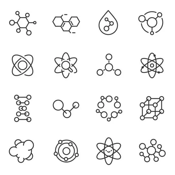 Vector illustration of Atoms and molecules icon set. chemical structures, linear icons. Line with editable stroke